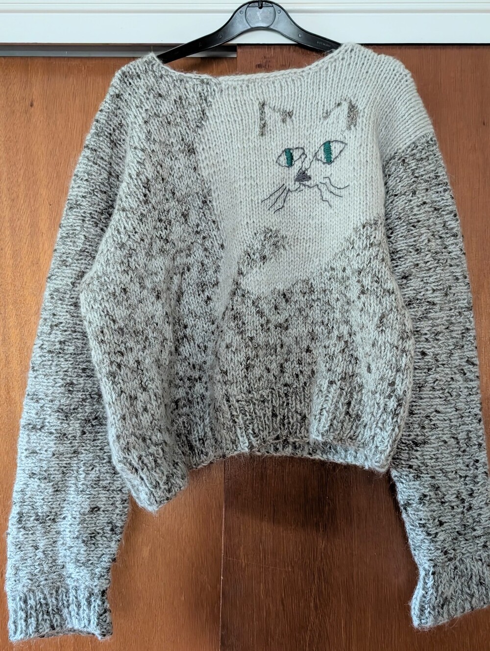 Vintage Grey Speckled Cozy Knit Cat Sweater